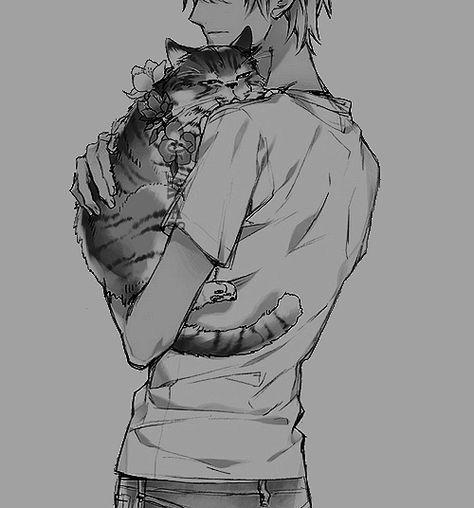 Guy With Cat Drawing, Holding A Cat, Men With Cats, Cat Anime, Boy Cat, Cat Sketch, Warrior Cats Art, Cat Pose, Younger Brother