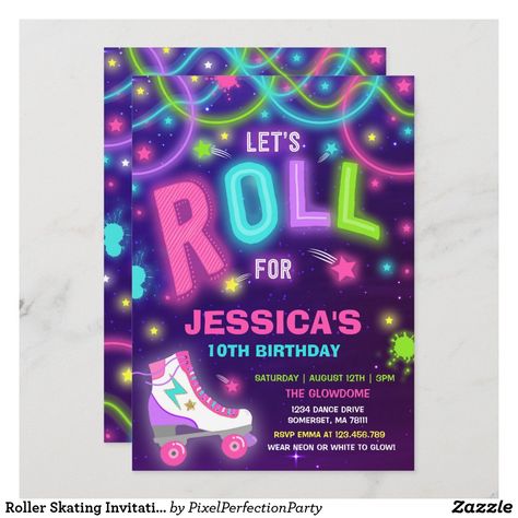 Neon Roller Skating Party, Neon Dance Party, Roll Bounce, Skate Invitations, Disco Dance Party, Roller Skating Birthday Invitations, Roller Skate Birthday Party, Skate Birthday Party, Roller Skate Birthday