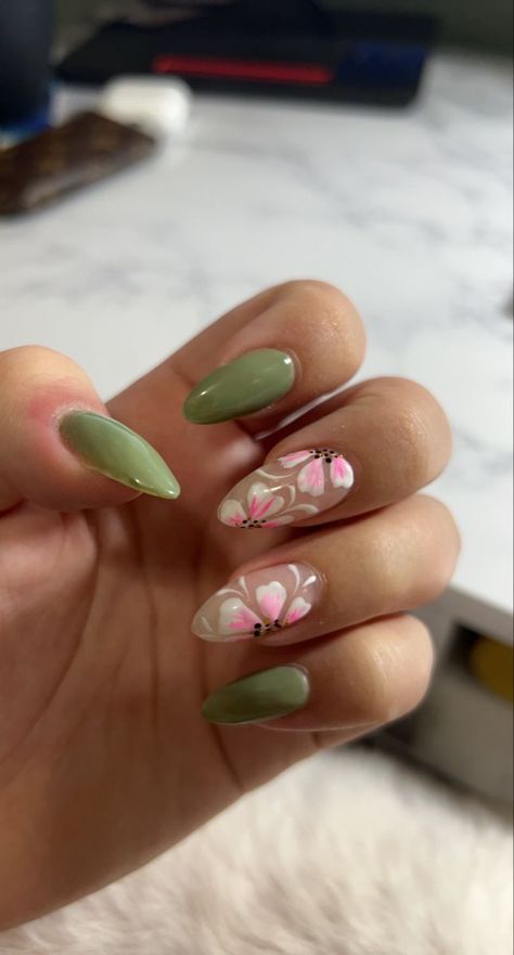 Pink And Green Nails With Flowers, Pink Nails With Green Flowers, Green Nails Pink Flowers, Olive And Pink Nails, Prom Nails With Flowers, Pink Green Nail Art, Green And Pink Nail Art, Tropical Green Nails, Elegant Vacation Nails