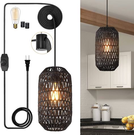 Ruzectt Plug in Pendant Light Rattan Hanging Lights with Plug in Cord 15ft Dimmable Cotton Cord Wicker Boho Hanging Lamps for Kitchen Island Living Room Bedroom Black Light Fixtures (Black-B) - Amazon.com Black Lights Bedroom, Hanging Bedside Lights, Plug In Hanging Light, Rattan Pendant Lights, Wicker Pendant Light, Lamps For Kitchen, Rattan Design, Affordable Lighting, Plug In Pendant Light