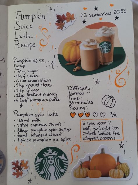 Pumpkin Spices Diy, Pumpkin Spice Milk Tea, Starbucks Pumpkin Spice Latte Recipe, The Pumpkin Spice Cafe Book, Fall Drinks For Kids, Pumpkin Spice Latte Recipe Starbucks, Starbucks Journal, Coffee Ideas Recipes, Lattes Recipes