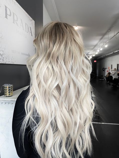 Ice Blonde Extensions, Rooted Blonde Hair Extensions, Bright Blonde Hair Extensions, Ice Blonde Balayage Dark Roots, Platinum Blonde Balayage On Brown Hair, Bright Blonde With Dark Roots, Highlights On Brown Hair Balayage, Balayage Hair Brunette, Blonde Highlights On Brown