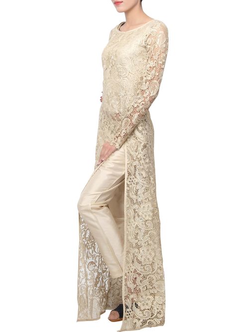 Gold straight fit suit enhanced in chantilly lace only on Kalki Wedding Dresses Indian, Indian Salwar, Indian Salwar Kameez, Salwar Kamiz, Dresses Indian, Indian Attire, Desi Fashion, Kurta Designs, Indian Designer Wear