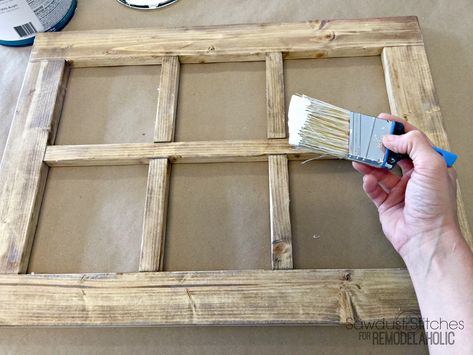 DIY Rustic Window Frame By Sawdust2Stitches For Remodelaholic.com 3 Kitchen Window Frame, Diy Window Frame, Farmhouse Furniture Diy, Rustic Window Frame, Diy Window Trim, Antique Window Frames, Window Frame Decor, Old Window Frames, Wood Window Frame