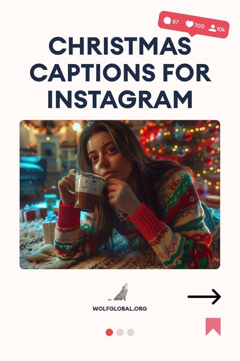 A person in Christmas sweater sipping hot chocolate with festive background lights.
A graphic with Christmas-themed Instagram caption ideas, a 'Get More' button, and website name wolf global.org.
Promotional image for an Instagram engagement pod with a smiling woman using a laptop. Festive Captions, Christmas Instagram Captions, Funny Christmas Captions, Christmas Captions For Instagram, Christmas Instagram, Perfect Captions, Christmas Post, Holiday Sparkle, Captions For Instagram