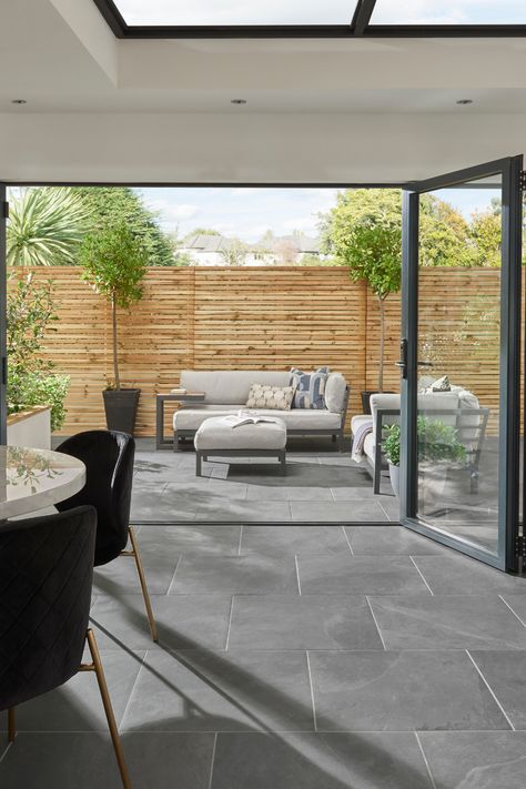 Outdoor kitchen ideas featuring our range of outdoor floor and wall tiles! Japandi Flooring, Parking Tiles Design, Outdoor Tile Patio, Black Slate Tiles, Balcony Tiles, Parking Tiles, Slate Tile Floor, Indoor Outdoor Fireplaces, Exterior Wall Tiles