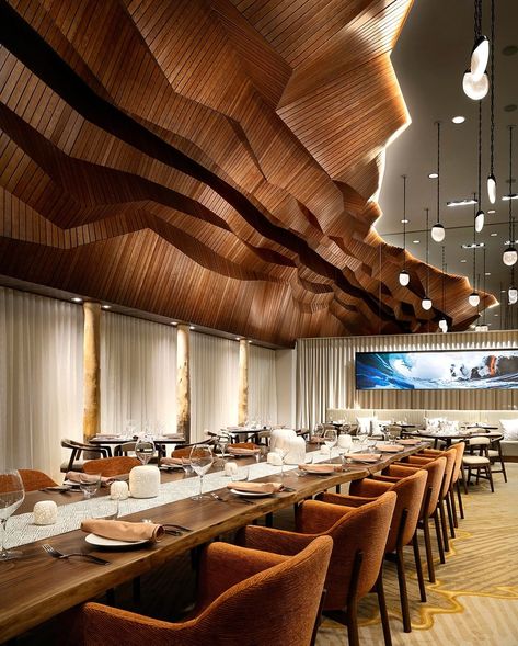 Hospitality Design on Instagram: “When Malcom Berg started designing Tesoro, the fine dining restaurant on the fifth floor of the JW Marriott Marco Island in Florida, he had…” Fine Dining Restaurant Interior Design, Burnt Tree, Analysis Architecture, Statement Ceiling, Hotel Images, Sustainable Interior, Tectonic Plates, Coral Gables Florida, Sustainable Interior Design