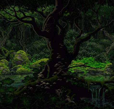 Dark rain Shadow Forest, Pixel Kawaii, Pixel Art Gif, Pixel Art Landscape, Arte 8 Bits, 8bit Art, 판타지 아트, 8 Bit, Green Aesthetic