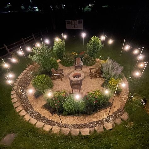 Fire Pit On A Hill Backyards, Campfire Garden Ideas, Round Fire Pit Ideas Backyard, In The Ground Fire Pit, Ranch Backyard Ideas, Outside Ideas Backyards, Backyard Fire Pit Landscaping, Western Landscaping Ideas, Circular Fire Pit Area