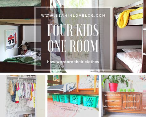 The method we use to store our kids clothes while they're all sharing one room. Shared Room Clothes Storage, Kids Clothing Storage Small Spaces, Shared Room Dresser, Clothes Storage For Kids, Kids Clothes Storage Ideas No Dresser, Clothes Storage No Dresser, How To Organize Kids Clothes, Shared Room Organization, Kid Clothes Organization