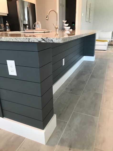 Kitchen island makeover Island Siding Ideas, Shiplap Islands In Kitchen, Tile On Front Of Kitchen Island, Island Paneling Ideas Wood, Wrapped Island Kitchen, Wood Wrapped Kitchen Island, Kitchen Island Kick Wall Ideas, Island Shiplap Kitchen, Shiplap Kitchen Ideas