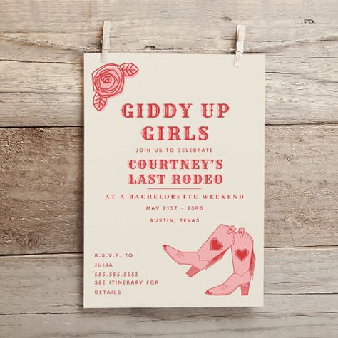 $2.85 | Last Rodeo Giddy Up Bachelorette Weekend Itinerary #bachelorette, bachelorette weekend, cowboy boot invitation, giddy up, space cowboy invitation, cowgirl bachelorette invitation, pink boots, bachelorette party, bride to be, itinerary Cowboy Invitations, Itinerary Invitation, Western Bachelorette, Bachelorette Weekend Itinerary, Cowgirl Bachelorette Parties, Bachelorette Weekend Invitations, Last Rodeo, Retro Cowgirl, Rodeo Party