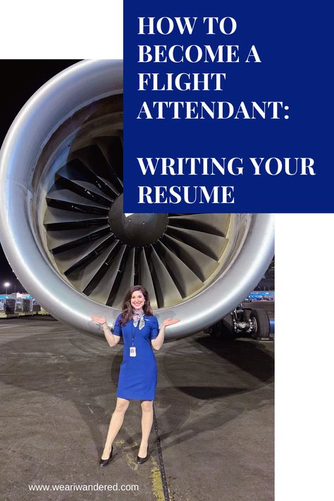 This is a photo of a flight attendant in black heels and a blue dress with a scarf ties around her neck. She is standing in front of a huge jet engine. United Flight Attendant, Flight Attendant Job, Corporate Flight Attendant, Fly Attendant, Flight Attendant Interview, Southwest Airlines Flight Attendant, Flight Attendant Resume, Flight Attendant Interview Questions, Customer Service Skills