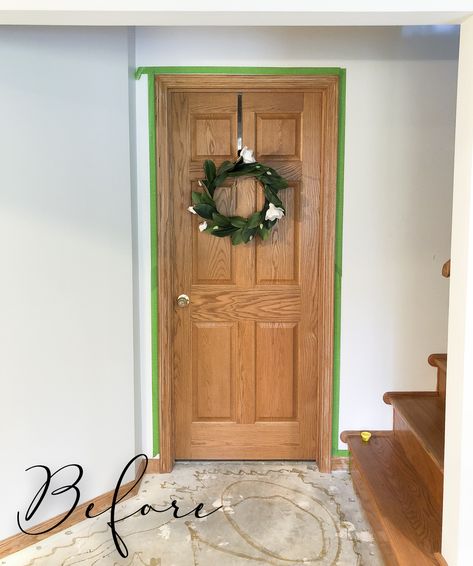 Interior Front Door Color With Oak Trim, Modern Oak Interior Doors, Wood Trim To White Before And After, Painted Trim Before And After, Oak Doors White Trim, Painting Trim White Before And After, White Trim With Stained Doors, Painting Oak Doors, Painting Wooden Doors Interior