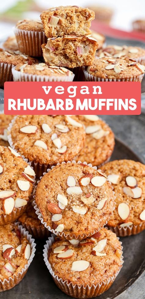 Take advantage of rhubarb season with these Vegan Rhubarb Muffins! These fluffy muffins are refined sugar-free and topped with crunchy sliced almonds. Vegan Rhubarb, Fluffy Muffins, Rhubarb Muffins, Simple Muffin Recipe, Vegan Muffins, Healthy Vegan Desserts, Rhubarb Recipes, Gluten Free Muffins, Vegan Ice Cream