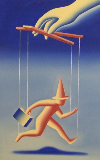 Control Freak 1992 21x29 by Mark Kostabi Puppet Strings, Shrine Ideas, Avant Garde Art Movement, Jim Warren, Mark Kostabi, European Paintings, Dark Art Drawings, Retro Cartoons, Illustrations And Posters