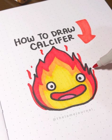 Kev - The Lame Journal on Instagram: “Simple Tutorial! How to draw Calcifer from Howl’s Moving Castle. ☺️✨ I really love that movie. The details and art style is so PERFECT! 🥰…” How To Draw Calcifer, Howls Moving Castle Art Simple, Howls Moving Castle Calcifer Art, Calcifer Drawing Easy, Calcifer Doodle, Calcifer Dessin, Howls Moving Castle Drawing, Studio Gibley, Calcifer Drawing