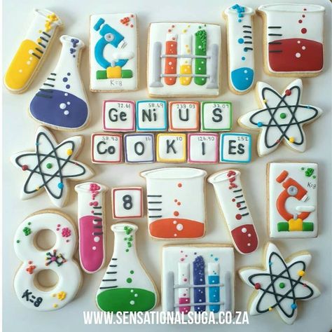 Science Cupcakes Ideas, Chemistry Cookies, Science Cupcakes, Chemistry Birthday, Science Cookies, Phd Cake, Fireman Sam Cake, Science Themed Party, Science Week