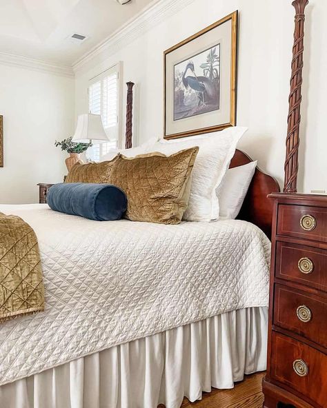 What Is a Coverlet? 24 Ways a Coverlet Will Transform a Home White Brick Bedroom Wall, White Walls With White Trim, Brick Bedroom Wall, Wood Poster Bed, Grey Tufted Headboard, White Tufted Bed, White Sleigh Bed, Off White Bedrooms, Beige Walls Bedroom