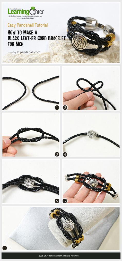 Easy Pandahall Tutorial - How to Make a Black Leather Cord Bracelet for Men Diy Bracelets For Men, Diy Bracelets To Sell, Mens Bracelet Diy, Leather Bracelet Tutorial, Diy Leather Bracelet, Diy Bracelets Tutorials, Leather Cord Bracelets, Jewelry Diy Bracelets, Bracelets Diy