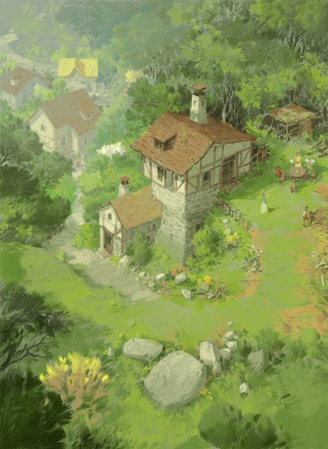 Village_g, Paperblue .net on ArtStation at https://www.artstation.com/artwork/zAP5oL Small Village Concept Art, Water Mage, Village Drawing, Fantasy Scenery, Forest Village, Countryside Village, Fantasy Village, Anime Scenes, Setting Inspiration