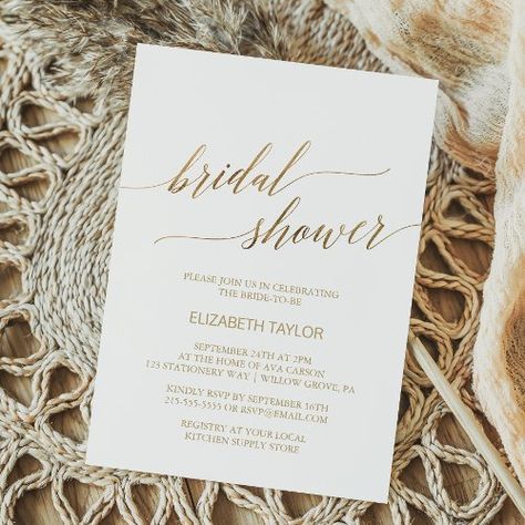 $2.92 | Elegant Gold Calligraphy Bridal Shower #bridal shower, elegant wedding shower, fall cheap bridal shower, calligraphy inexpensive bridal shower, gold foil, simple, modern chic, neutral, whimsical typography, romantic minimalist k023 Bridal Shower Gold Theme, White And Gold Bridal Shower Ideas, Bridal Shower Elegant, Whimsical Typography, Minimalist Card, White Bridal Shower, Bridal Invitations, Minimalist Cards, Gold Calligraphy