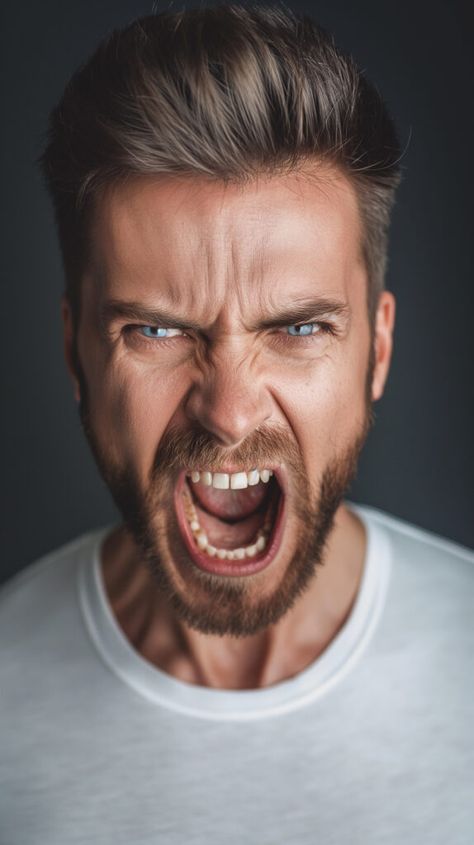 Discover and download free images #Intense Emotion: #Portrait of a #Man in a #Fierce #Roar https://aifusionart.com/intense-emotion-portrait-of-a-man-in-a-fierce-roar/?utm_source=facebook&utm_medium=social&utm_campaign=ReviveOldPost #Anger #Shouting #whitetshirt Thinking Face Expression, Angry Face Reference, Angry Reference, Anger Character, Emotion Portrait, Man Screaming, Screaming Face, Intense Stare, Reference People