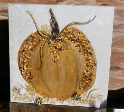 Crushed Glass Painting, Pumpkin Painting On Canvas, Canvas Party, Pumpkin Painted, Broken Glass Crafts, Gold Pumpkin, Gold Pumpkins, Metal Pumpkins, Pumpkin Pumpkin