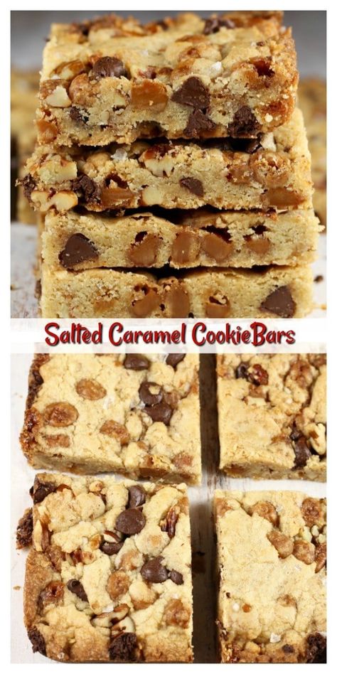 Salted Caramel Cookie Bars {Easy Recipe} - Miss in the Kitchen Salted Caramel Cookie Bars, Bars With Chocolate Chips, Caramel Cookie Bars, Salted Caramel Cookie, Salted Caramel Bars, Caramel Cookies Bars, Caramel Bites, Salted Caramel Cookies, Bites Recipes