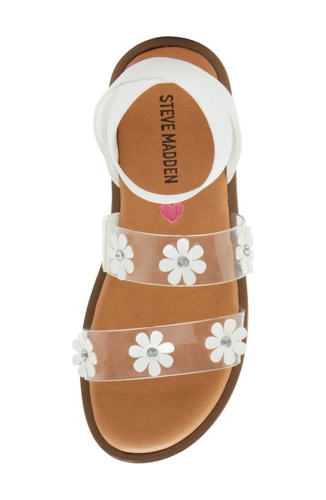 A soft elastic strap comfortably secures a fanciful sandal with two clear straps featuring sparkling crystals and daisy flowers. Synthetic upper, lining and sole Imported Kids Footwear, Embellished Sandals, Daisy Flowers, Girls Sandals, Kids Sandals, Nordstrom Store, Sparkling Crystal, Daisy Flower, Birthday Presents