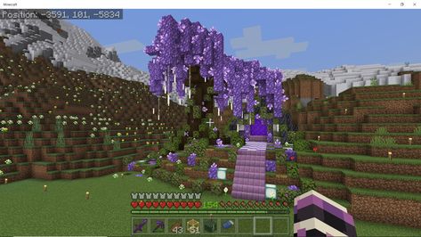 Purple amethyst with dark oak wood textured with amethyst clusters and end rods with a geode formed nether portal all wrapped up with azalea leaf blocks. Minecraft Nether Portal Design Cherry Blossom, Cherry Nether Portal Design, Cherry Blossom Portal Minecraft, Amethyst Tree Minecraft, Custom Cherry Blossom Tree Minecraft, Minecraft Amethyst Portal, Star Portal, Minecraft Portal, Minecraft Interior