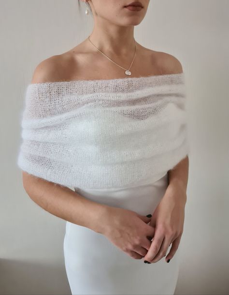 *MARY* wrap This shoulder wrap will beautifully cover the shoulders during the ceremony. It is a great complement to your outfit that provides both warmth and style This wrap is also a great idea for your loved ones * Soft feather light yarn * 60% finest mohair, 40% polyamid * Made by your personal measurement * Elegant off the shoulder style * Closure for decorative use only * 100% handmade CARE Gentle hand wash 30 degrees Lay flat on surface to dry and iron with steam if necessary with a prote Winter Evening Dresses, Bridal Cape Winter, Winter Gowns, Winter Wedding Shawl, Warm Dress, Winter Bridal Showers, Dress Cape, Bridal Cover Up, Bridal Shower Outfit