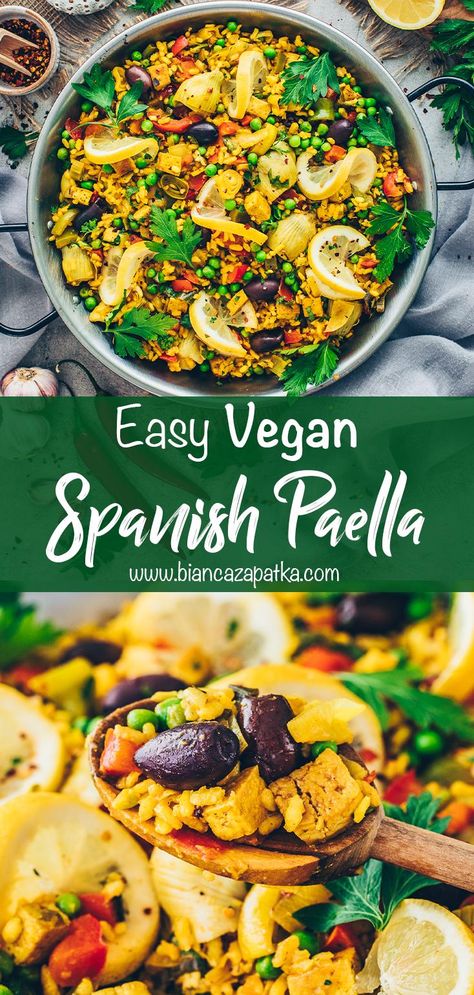 Vegan Spanish Paella This easy vegan version of the popular Spanish Paella recipe is bursting with spices, filled with stunning colors, and is mouthwateringly fragrant! It is a meat-less and fish-free one-pan dish that captures all the comforting, robust, and warm flavors of the traditional Valencian rice dish. Vegan Paella Spanish, Vegetarian Spanish Food, Vegetarian Paella Spanish, Veg Paella Recipe, Veggie Paella Recipe, Colorful Vegan Recipes, Vegan Spanish Food, Paella Recipe Vegetarian, Vegan Paella Recipe