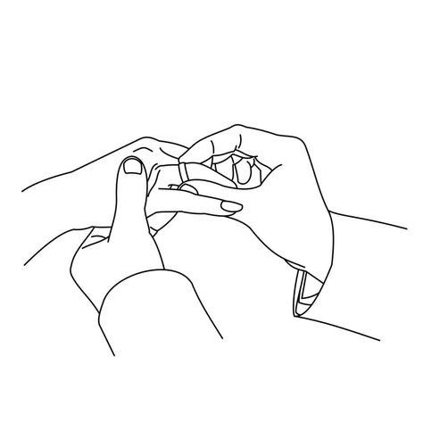 Illustration of line drawing a closeup of hands exchanging wedding rings. Wedding couple hands. Groom put a wedding ring on bride hand. Man placing an engagement ring on his girlfriend's ring finger Rings Engagement Drawing, Wedding Ring Drawing, Mains Couple, Hand With Ring, Holding Hands Drawing, Wedding Ring Hand, How To Draw Fingers, Girlfriend Ring, Ring Sketch