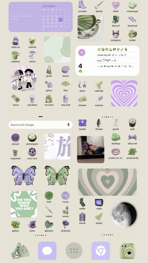 my homescreen page aesthetic Purple And Green Wallpaper Aesthetic, Purple And Green Wallpaper, Page Aesthetic, Ipad Homescreen, My Homescreen, Green Theme, Purple And Green, Green Wallpaper, Purple Aesthetic