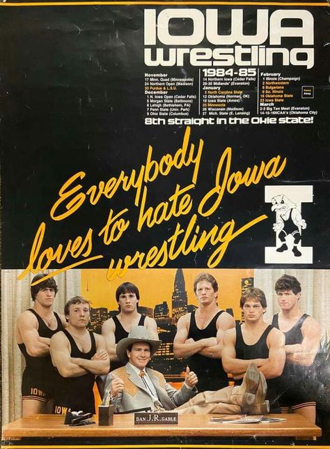 Iowa Wrestling  1984-85  schedule  poster  with  Hall Of  Fame  coach Dan  Gable as Larry  Hagman's  JR  Ewing  character  from  Dallas. Helen Maroulis, Iowa Wrestling, Jr Ewing, Jordan Burroughs, Schedule Poster, Larry Hagman, Sports Design Inspiration, Folk Style, Iowa Hawkeyes