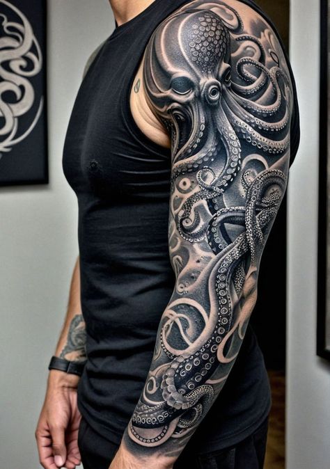 Octopus Tattoo Sleeve Men, Underwater Leg Sleeve, Deep Sea Tattoo Ideas, Kracken Tattoos, Ocean Tattoos Sleeve Underwater, Black Octopus Tattoo, The Kraken Tattoo, Octopus Tattoos For Men, Sea Creature Tattoo