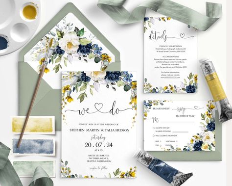 EVELYN Spring flowers Invitation Bundle Template, Blue Yellow Wedding Invitation Download, Floral Editable Wedding invites, INSTANT DOWNLOAD

Welcome and warm greetings from LovePaperEvent!
We are glad to contribute to the preparation of your celebration!

This wedding invitation bundle is a fully editable design. Add Foto on the backside if needed. Personalize your template in Templett, an easy-to-use template editor that works in your web browser.
You need to try before you buy! Blue Yellow Weddings, Yellow Wedding Invitations, Flowers Invitation, Dusty Blue Weddings, Flower Invitation, Floral Printables, Invitation Ideas, Yellow Wedding, Printable Wedding Invitations