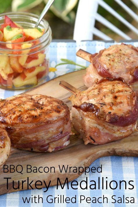 Try these protein-packed BBQ Bacon Wrapped Turkey Medallions with Grilled Peach Salsa for your next dinner party! They're fun, fresh and perfect for outdoor meals. Bacon Wrapped Turkey, Turkey Bacon Wrap, Outdoor Meals, Peach Salsa, Bbq Bacon, Family Bbq, Grilled Peaches, Tasty Recipe, Grilled Chicken Recipes