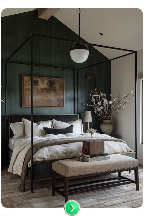 Deep green accent wall with a four-poster bed creates an earthy, calming atmosphere in the bedroom, combining luxury and nature-inspired tones for a peaceful retreat. Dark Accent Wall, Brown Accent Wall, Green Accent Wall, Dark Accent Walls, Grey Accent Wall, Green Accent Walls, Accent Wall Ideas, Black Accent Walls, Dark Grey Walls