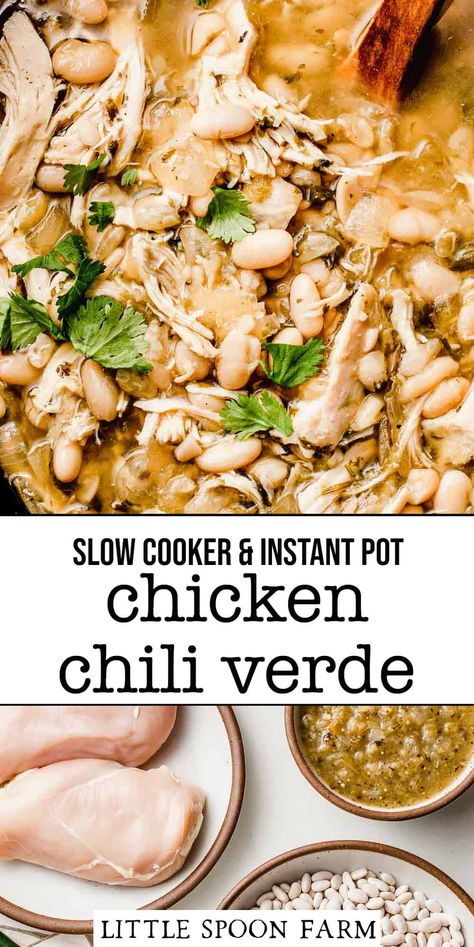 White chicken chili verde is warm, comforting and easy to make with very little hands on time in the kitchen. Throw everything in the crockpot or Instant Pot and dinner is done! It's loaded with tender chicken, beans and verde sauce for a healthy, protein packed dinner! Serve over rice, a side of sourdough tortillas or with tortilla chips. Protein Packed Dinner, Sourdough Tortillas, Chili Verde Recipe, Chicken Chili Verde, Chicken Beans, White Chicken Chili Slow Cooker, Chicken Chili Crockpot, White Bean Chicken Chili, Slow Cooker Chicken Chili