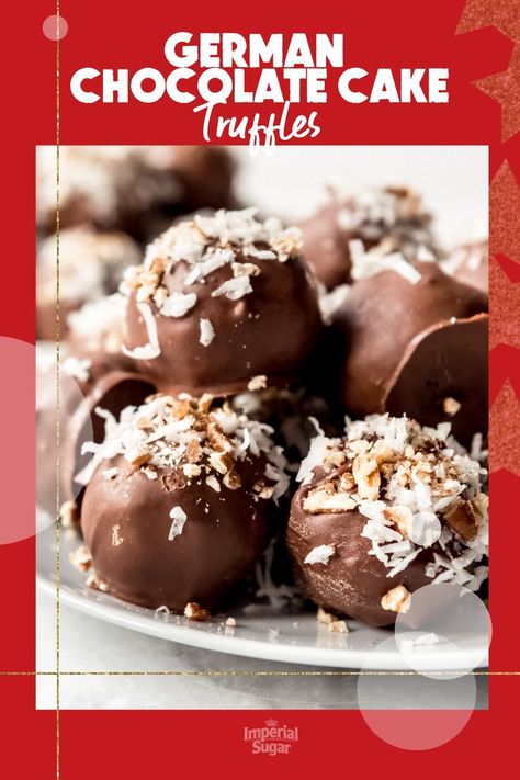 Are you a fan of German Chocolate Cake? Then this German Chocolate Cake Truffles recipe will soon be your new favorite. These nutty, sweet orbs are made from delicious German chocolate cake and coconut pecan frosting rolled together into balls, then coated in a chocolate shell. Decorate with a sprinkle of coconut and chopped pecans to give a hint as to what’s inside! Save this Christmas candy recipe and make a batch today! German Chocolate Cake Balls, German Candy Recipes, German Chocolate Cake Pops, Pecan Toffee Recipe, Chocolate Cake Truffles, Peanut Butter Bon Bons, Cake Truffles Recipe, Pecan Frosting, Coconut Milk Chocolate