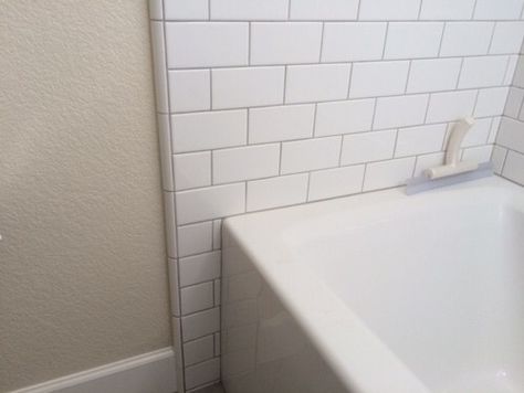 Bullnose tile edge Trim In Bathroom, Schluter Trim, Tile Around Tub, Tile Around Bathtub, Gray Grout, Tile Tub Surround, Bathtub Surround, Subway Tile Showers, Subway Tiles Bathroom