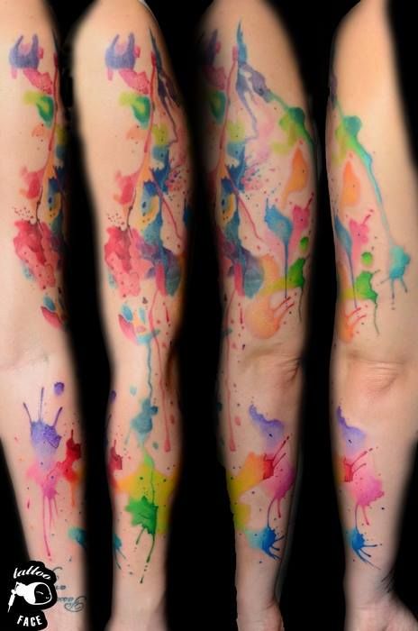 Watercolor Animal Tattoo Design, Splash Color Tattoo, Watercolor Splatter Tattoo, Watercolor Leg Tattoo, Watercolour Tattoo Ideas, Watercolor Sleeve Tattoo Women, Colour Splash Tattoo, Watercolor Tattoo For Women Unique, Color Splash Tattoo