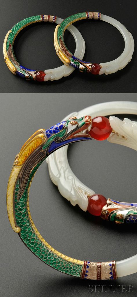 Bangles | Marie Zimmermann. Jade and enamel; each designed as carved jade and polychrome enamel dragons holding a red bead | These bracelets were included in a 1939 exhibition of her work in Santa Barbara, and she kept them throughout her life. Jade Jewellery, Bangle Design, Chinese Jewelry, Asian Jewelry, Carved Jade, The Bangles, Enamel Bangle, Jade Bracelet, Jade Carving