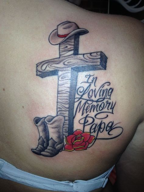 In Loving Memory Papa Tattoos | In loving memory of Papa. Cross boots and rose. My first tattoo Tattoo Ideas For Grandpa In Memory Of, Rip Tattoos For Men Memories, Papa Tattoo In Memory Of, Grandpa Tattoo In Memory Of, Grandpa Memorial Tattoo, Country Tattoo Ideas, Country Tattoo, Cross Boots, Grandpa Tattoo