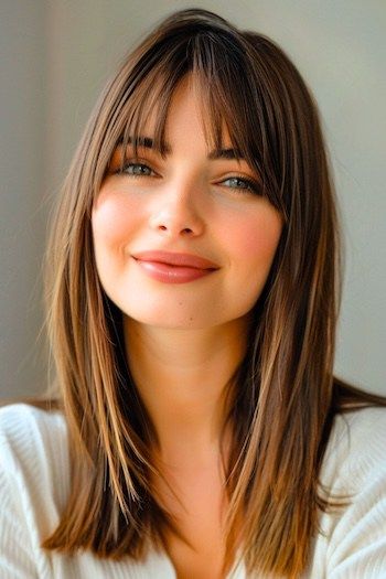 Med Straight Hairstyles, Mid Length Fringe Hair, Mid Length Hair With Fringe Bangs, Mid Length Hair With Bangs Straight, Katherine Mcphee Hair, Curtain Bangs Fine Hair Straight, Soft Layers Medium Hair Straight, Shoulder Length Hair With Bangs Straight, Long Hair With Bangs Straight