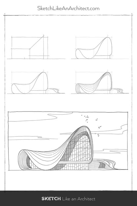 So you are a fan of Zaha Hadid and you want to draw Heydar Aliyev with pen and paper. How do you do urban sketching like a pro? This book offers more than 100 step by step guide on how to draw architecture buildings. It can literally change the way you sketch within 1 month. Click through to learn how to get a copy of your own! #sketchlikeanarchitect #learntodraw #stepbysteptutorial #procreatedrawing #sketchingtips #architectureillustration #urbansketching Drawings Of Famous Buildings, Arch Drawing Sketches, Famous Buildings Drawing Architecture, Architectural Structure Drawing, Famous Building Sketches Architecture, Famous Architectural Buildings Sketches, Building Structure Drawing, Architecture Sketch Tutorial, How To Be An Architect