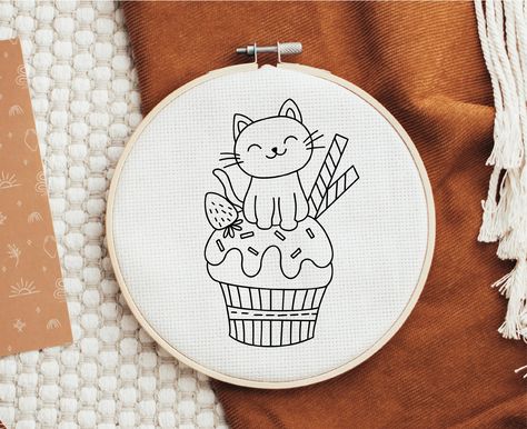 "This pattern is for hand embroidery . The pattern is in PDF file and scaled to fit 5\" 6\" 7\", and 8\" hoops. You can use any color combinations you want ^^ What You will GET (PDF file ) : - Tracing Pattern + Reversed in 4 size (Fit with 5\"/6\"/7\"/8 \" Hoop ) MORE Embroidery Pattern : https://www.etsy.com/shop/Catstitch21?ref=seller-platform-mcnav&section_id=38170682 ------------------------------------------------------------------------------------------------ PLEASE READ CAREFULLY: * This Cupcake Embroidery Patterns, Cat Hand Embroidery, Cupcake Embroidery, Happy Embroidery, Cute Embroidery Patterns, Embroidery Dog, Cat Cupcakes, Hand Embroidery Patterns Free, New Embroidery Designs