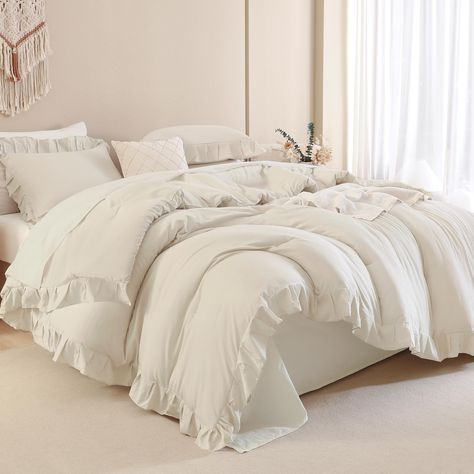 PRICES MAY VARY. 【3 Pieces Beige Comforter Set】Available in ruffle comforter king: 1 ruffled comforter (104x90Inch), 2 pillowcases (20×36Inch); Great gift idea for all your loved ones on special occasions; surprise your friends and family members with this ruffle comforter sets. 【Stylish Ruffled Comforter】Andency ruffled comforter set brings graceful comfort to your bedding. Compared with other normal comforters, our ruffle comforter not only makes the whole bedding look more tasteful and stylis Comforter Sets For Twin Beds, Full Bedding Sets Aesthetic, White Dorm Comforter, Puffy Bedding Comforter, Cream Bed Comforter, Fluffy White Comforter Aesthetic, Cozy Bed Comforters, Bed Sheets And Comforters, Cute White Comforters